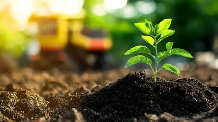 Small green plant emerging from rich dark soil representing growth and resilience in nature's eco-friendly environment