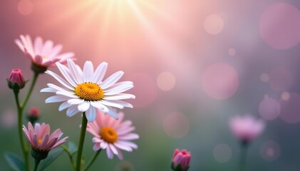 Obraz premium Abstract photo of daisy flowers in a blurred background, creating a dreamy and whimsical atmosphere, floral, botanical