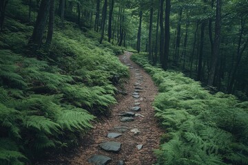 Fototapeta premium A dense rainforest with moss-covered rocks and ferns