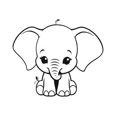 A black and white vector silhouette of a lonely baby elephant with drooping ears and a frown on a white background