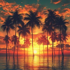 Obraz premium Serene tropical sunset with palm tree silhouettes over calm ocean waters creating a tranquil exotic scene with vibrant colors and warm light