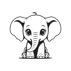 A black and white vector silhouette of a sad baby elephant with teary eyes and its trunk lowered on a white background, ideal for PNG use