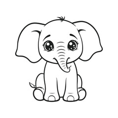 A simple black and white vector illustration of a baby elephant with a frown, sitting with its head low on a white background