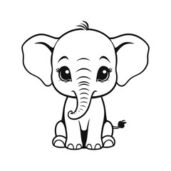 A black and white vector silhouette of a sad baby elephant, looking down with droopy ears on a white background,