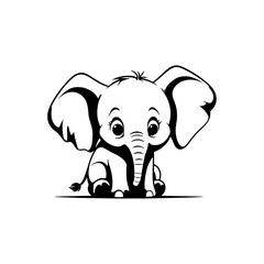 A clean black and white vector illustration of a baby elephant with a sorrowful expression, sitting on its knees on a white background