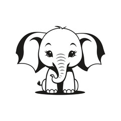 A black and white vector silhouette of a lonely baby elephant with a sad face