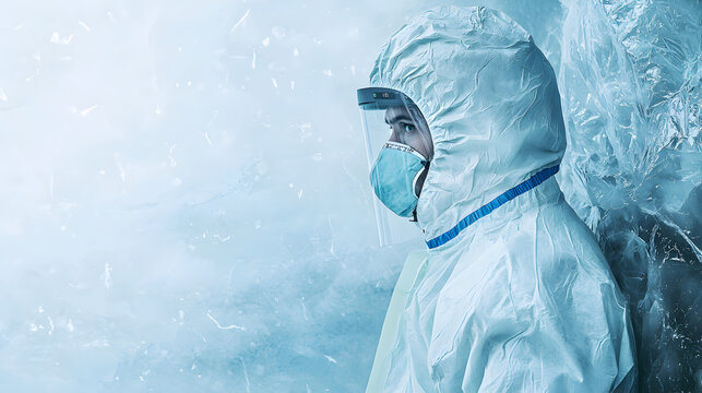Male nurse in insulated protective gear and face shield in icy arctic environment, pandemic response, extreme medicine, scientific exploration. cold, ice, snow, medical, gear, insulated. copy space - Powered by Adobe
