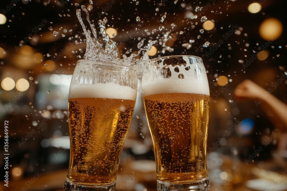 Aufkleber cheers to friendship with clinking beer glasses in a lively bar setting during evening hours