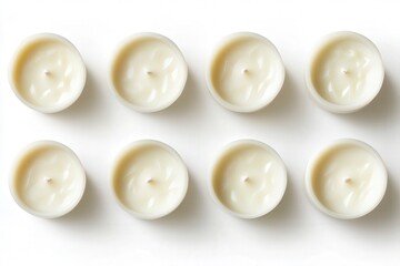 Top view of eight white circular candles in a neat arrangement.
