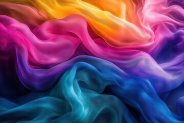 Fototapeta premium Ethereal silk waves in vibrant gradient hues of yellow pink purple and blue creating a mesmerizing visual texture and flowing abstract design