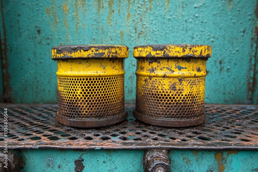 Poster Rusty yellow filters sit on a weathered metal surface in an industrial setting capturing the essence of neglect and age