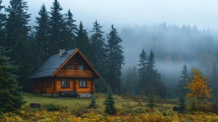 Misty Mountain Cabin in Autumn Forest
