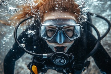 Diver explores underwater world with scuba gear in clear blue ocean on sunny day in tropical location