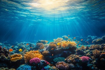 Fototapeta premium Colorful coral reef teeming with marine life in clear blue waters during a sunny day