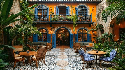Colorful courtyard cafe, vibrant patio