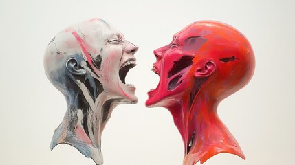 Two expressive figures scream in vibrant colors, representing emotions and inner conflict.