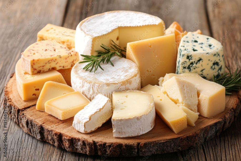 Poster cheese platter display featuring assorted gourmet cheeses arranged on a rustic wooden board