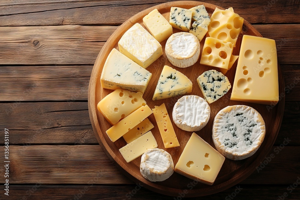 Poster assorted cheeses displayed on a round wooden board in a cozy setting