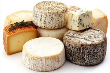 Variety of artisanal cheeses arranged on a white background with fresh herbs and distinct textures observed