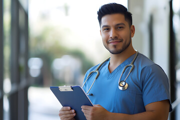 Confident portrait of young Latino male nurse in scrubs with clipboard and stethoscope. healthcare ads, hospital recruitment, diversity campaigns. healthcare, hospital, professional, portrait, smiling