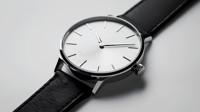 Time's Precision: Capturing the refined elegance of a meticulously crafted wristwatch, the close-up shot emphasizes the sleek design, with its minimalist face and sophisticated leather strap.