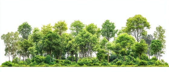 Lush green trees in a vibrant forest against a bright white background creating a serene and natural scene perfect for design