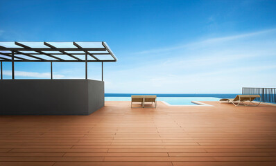 A rooftop infinity pool facing the beautiful seascape under the blue sky.