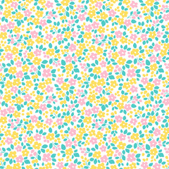 Seamless floral pattern. Cute field of flowers of small pink and yellow flowers and green leaves. Light flowers on white background in Easter spring vintage print. Stock vector for prints on surface.