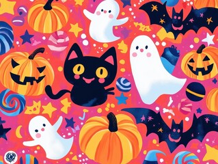 Cute Halloween Seamless Pattern with Cats Ghosts Pumpkins and Bats
