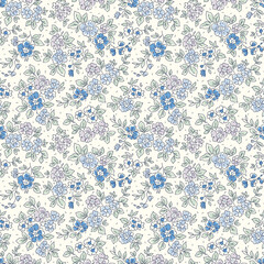 Cute floral background. Floral pattern with small monochrome blue flowers on a white background. Seamless pattern for design and fashion prints. Ditsy style. Stock vector illustration.
