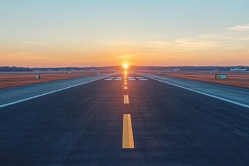 Runway sunset at an airport with bright horizon and clear skies in the early evening