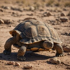 Obraz premium Tortoise Moving Across a Desert Landscape.