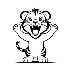 Fototapeta premium minimalistic black and white vector illustration of a smiling baby tiger with perked-up ears and playful eyes on a clean white background