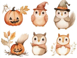 Cute Watercolor Owls and Squirrels with Pumpkins for Autumn and Halloween