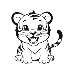 A black and white vector silhouette of a baby tiger with a bright smile, pawing playfully at the air on a white background