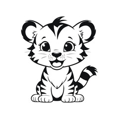simple black and white vector illustration of a smiling baby tiger with its ears perked up, exuding happiness on a white background