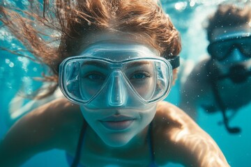 Naklejka premium Diving adventure in clear water where two friends explore underwater life in a tropical setting