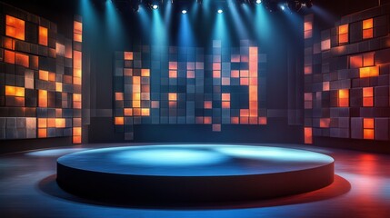 3D rendering of a virtual TV studio set with a round stage and a light in the middle for live shows, talk shows, or sports.