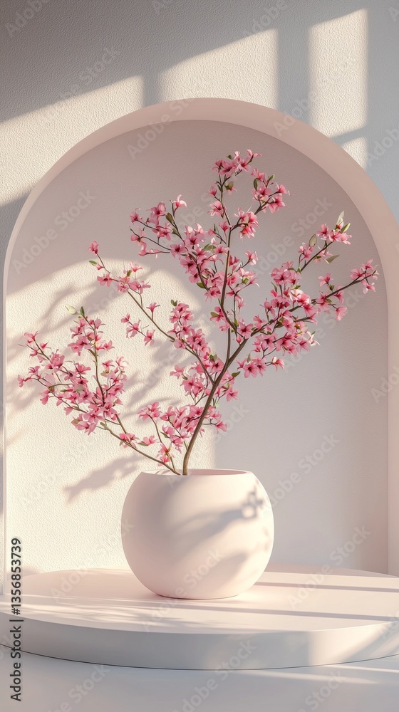 Poster delicate pink flowers sprout from a smooth, rounded vase, casting gentle shadows on a warm surface. 