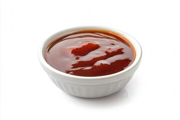 Close-up of a white bowl filled with rich, red barbecue sauce.