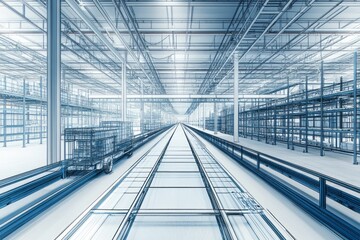 Obraz premium Long warehouse perspective depicted as a blueprint schematic image