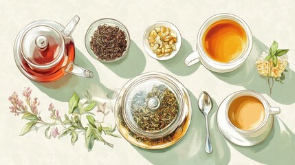 A top-down view of various loose-leaf teas in glass jars, alongside a teapot, teacup, and a spoon with tea leaves.