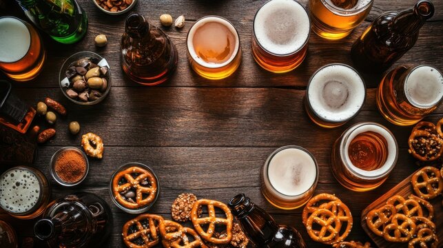 A top-down view of various types of craft beer bottles and glasses on a wooden table, surrounded by beer snacks like pretzels and olives.