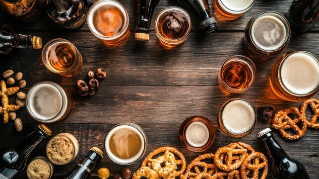 A top-down view of various types of craft beer bottles and glasses on a wooden table, surrounded by beer snacks like pretzels and olives.