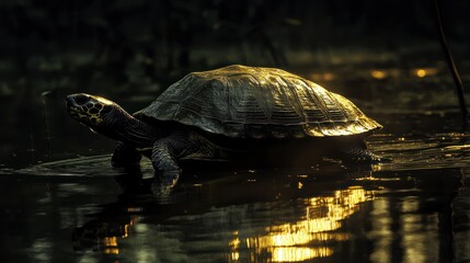 Ancient Mariner, A Turtle's Journey Through Shimmering Waterways at Dusk