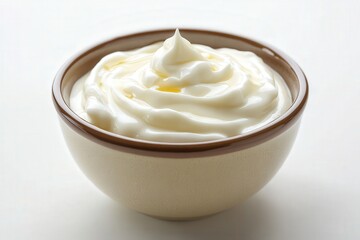 A bowl of creamy yogurt on a white background.
