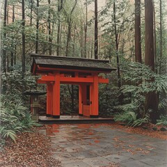 Naklejka premium Striking red shrine nestled in the heart of the woods surrounded by majestic trees and nature's splendor
