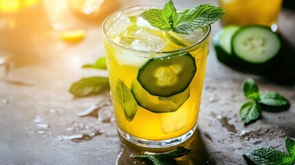 A vibrant cup of iced green tea with a slice of cucumber and mint leaves, placed on a wooden table with natural sunlight.