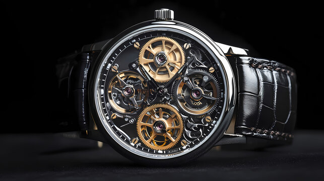 Intricate Timepiece: A detailed shot of a luxury watch, showcasing the complex mechanical movement and fine craftsmanship