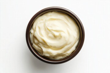 Creamy mayonnaise in a dark wooden bowl on a white background.